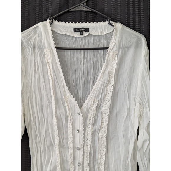 LE CAVIAR! PETIT-CROCHET CRINKLED CREAM "DIAMOND" BUTTON BLOUSE, TOP! SZ XL - Picture 3 of 7